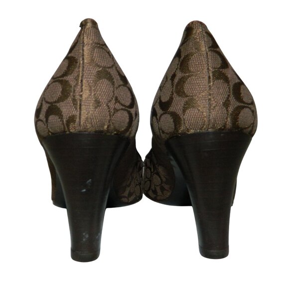 Coach Brown Monogram Buckle Loafers Pointed Toe Heel 7.5B Womens Leather Canvas - Picture 5 of 12